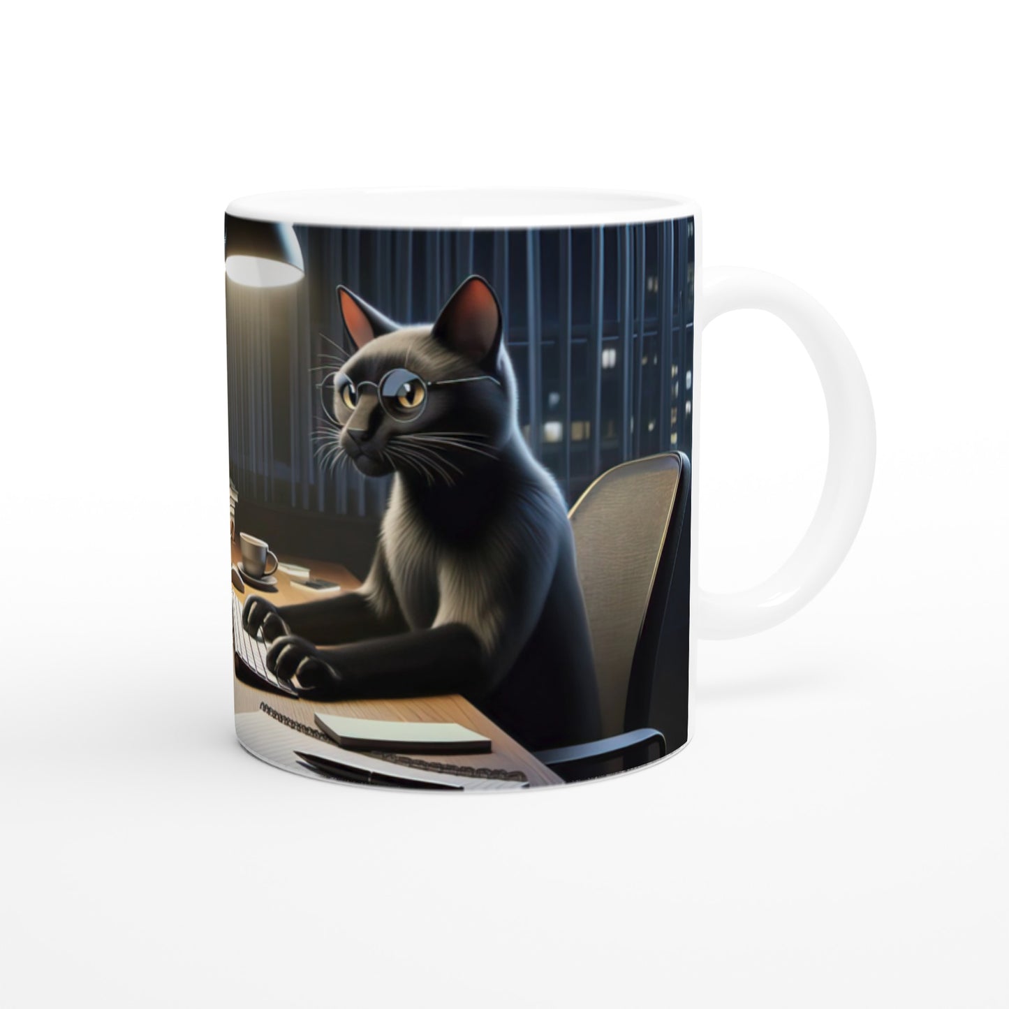 Katze am Computer - Weiße Keramiktasse