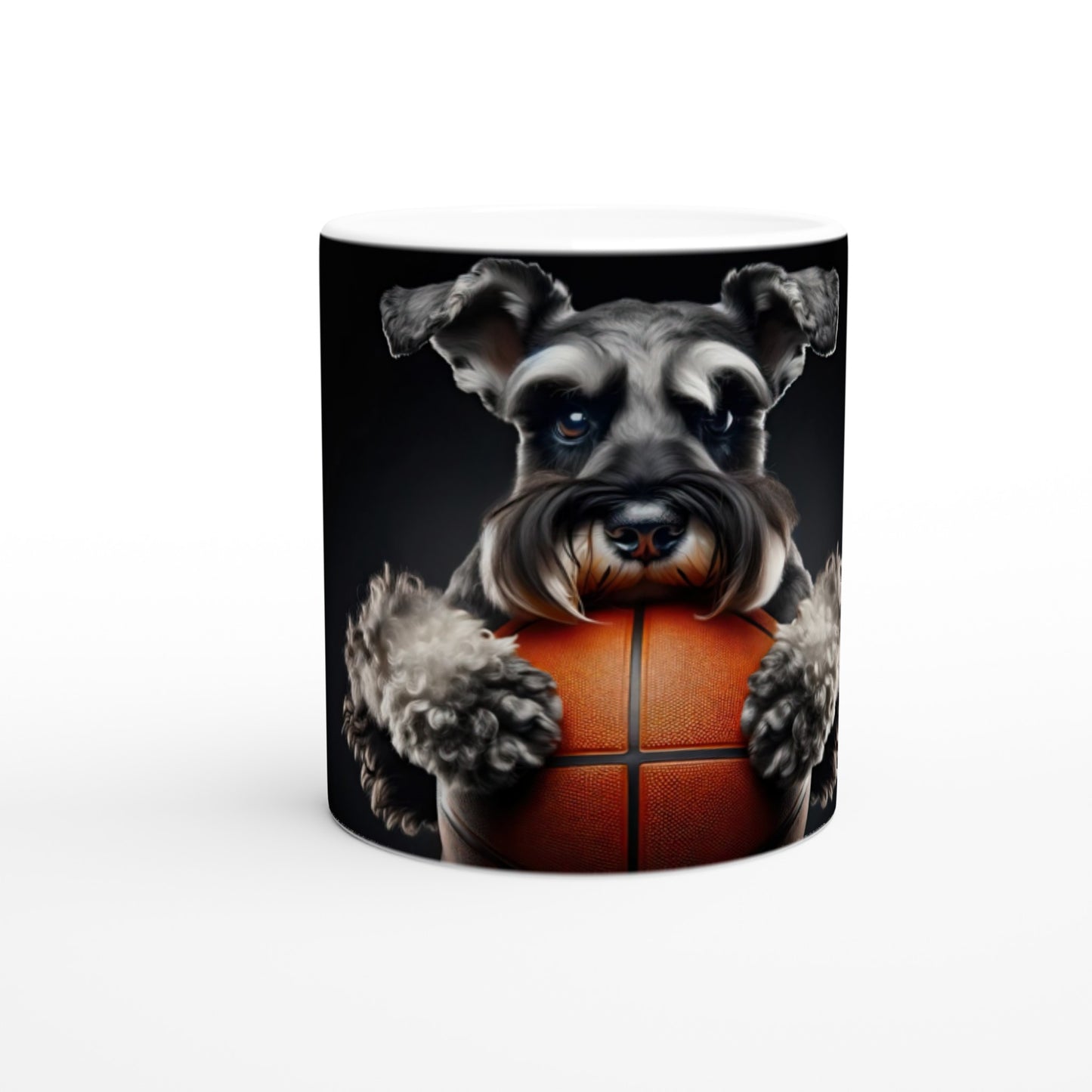 Zwergschnauzer hält einen Basketball - Weiße Keramiktasse